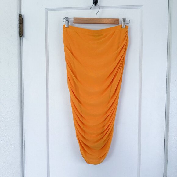 House of Harlow 1960 | 2 Piece Mesh Midi Skirt and One Shoulder Crop Top Orange‎ - Picture 3 of 5